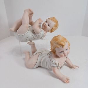 Vintage KPM Set Of 2 Large Bisque Porcelain Piano Babies Blonde Blue Eyes Japan